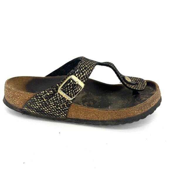 Birkenstock Women's 6.5 / 37 Gizeh Gold Embossed Microfiber Snake Thong Sandals - Picture 2 of 10